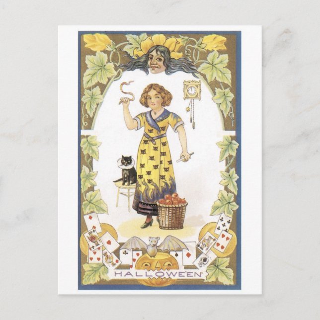 Old-fashioned Halloween, Girl with Black cat Postcard (Front)