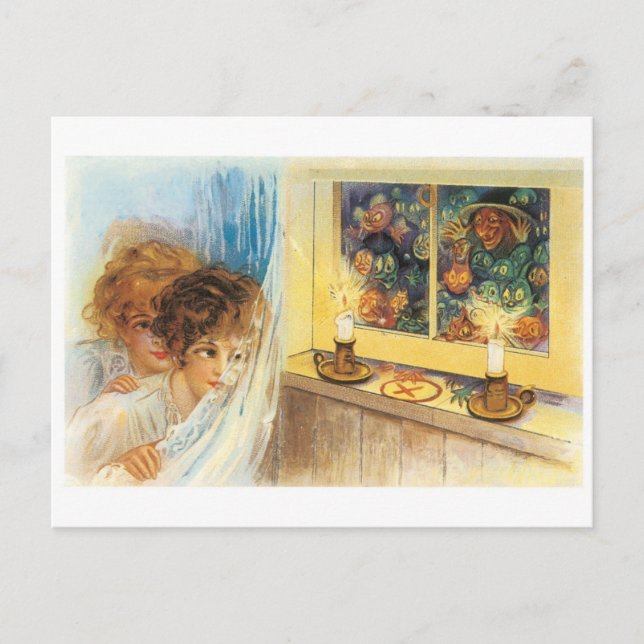 Old-fashioned Halloween, Girls meet Witch Postcard (Front)