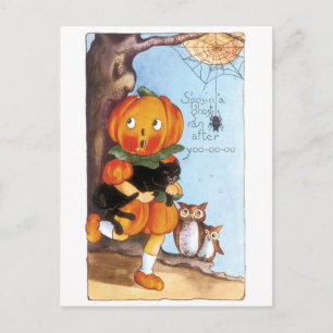 Old-fashioned Halloween, Pumpkin girl, Black cat Postcard