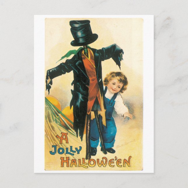 Old-fashioned Halloween, Scarecrow & child Postcard (Front)