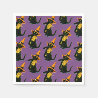 Old-fashioned Halloween, Witch cat playing Violin Napkin