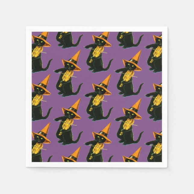 Old-fashioned Halloween, Witch cat playing Violin Napkin (Front)