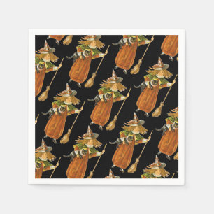 Old-fashioned Halloween, Witch girl with Black cat Napkin
