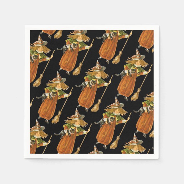 Old-fashioned Halloween, Witch girl with Black cat Napkin (Front)