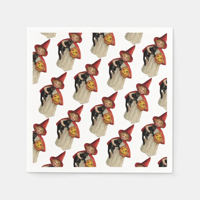 Old-fashioned Halloween, Witch girl with Black cat Napkin (Front)