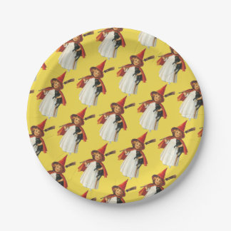 Old-fashioned Halloween, Witch girl with Black cat Paper Plate
