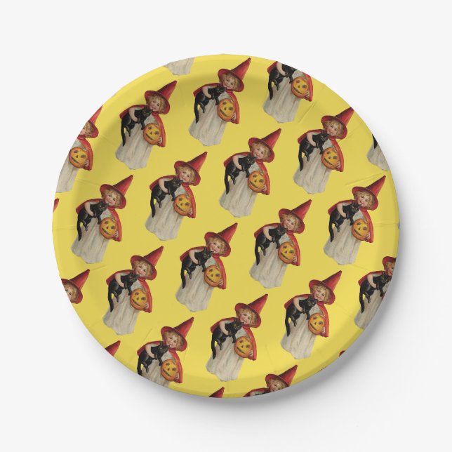 Old-fashioned Halloween, Witch girl with Black cat Paper Plate (Front)