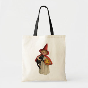 Old-fashioned Halloween, Witch girl with Black cat Tote Bag