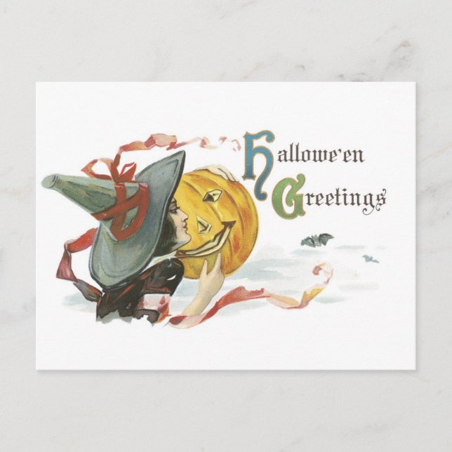 Old-fashioned Halloween, Witch & Jack-o'-lantern Postcard (Front)