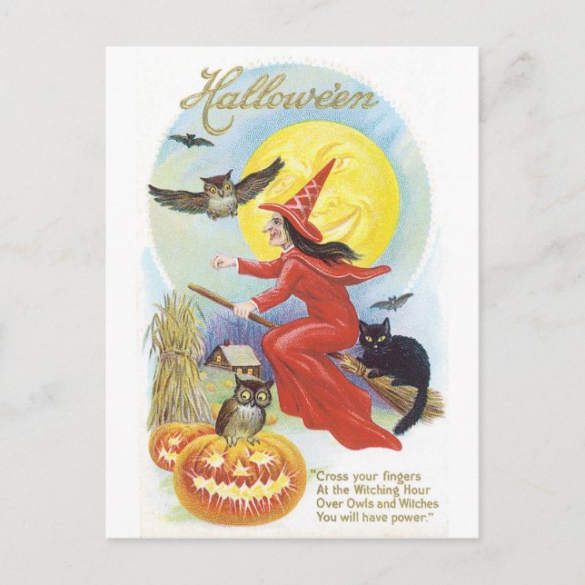 Old-fashioned Halloween, Witch & Owl Postcard (Front)