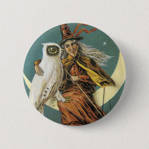 Old Fashioned Halloween Witch & The Moon 2 Inch Round Button