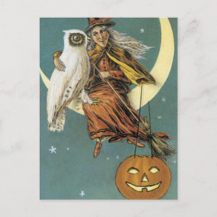 Old Fashioned Halloween Witch & The Moon Postcard