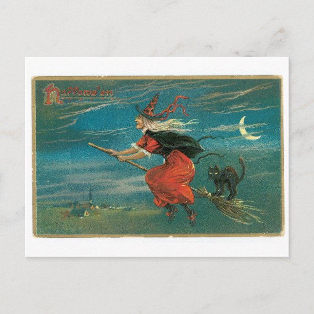 Old-fashioned Halloween, Witch with Black cat Postcard (Front)