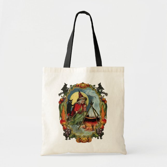 Old-fashioned Halloween, Witch with Black cat Tote Bag (Front)