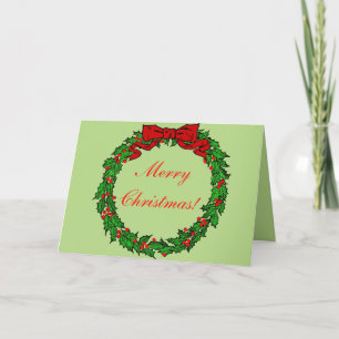 Old Fashioned Holly Christmas Wreath with Ribbon Holiday Card