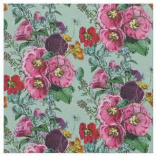 Old Fashioned Hollyhock Summer Bouquet Fabric