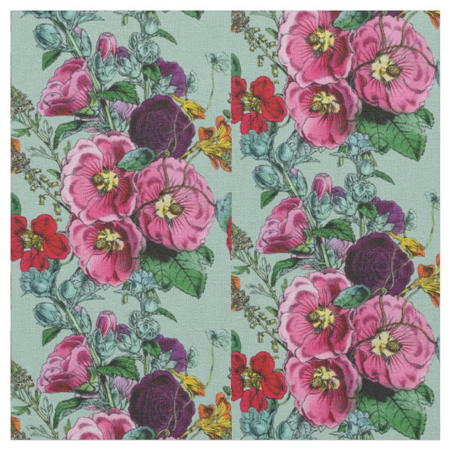 Old Fashioned Hollyhock Summer Bouquet Fabric (Close Up)