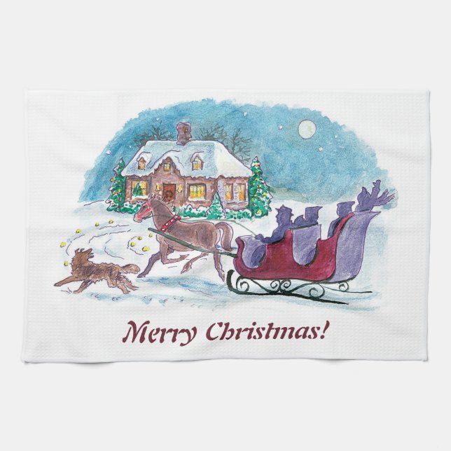 Old Fashioned Horse and Sleigh Christmas Kitchen Towel (Horizontal)