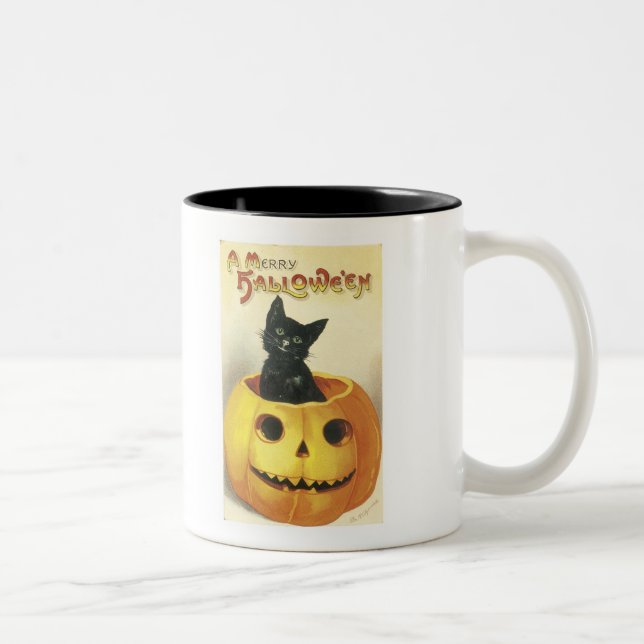 Old Fashioned Merry Halloween Cat Two-Tone Coffee Mug (Right)