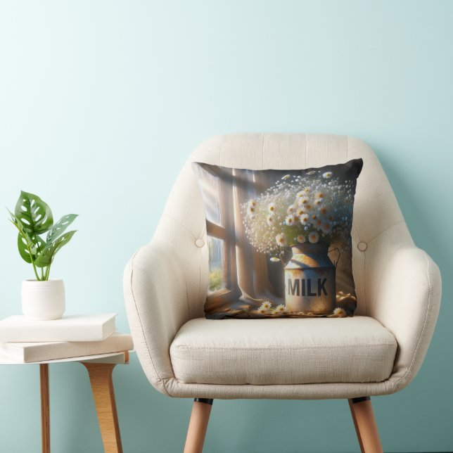 Old-fashioned Milk Can With Daisies Throw Pillow (Chair)