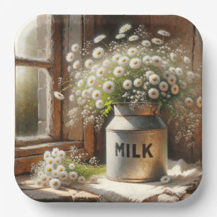 Old-fashioned Milk Can With Daisy Bouquet Paper Plate