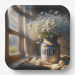 Old-fashioned Milk Can With Daisy Bouquet Paper Plate