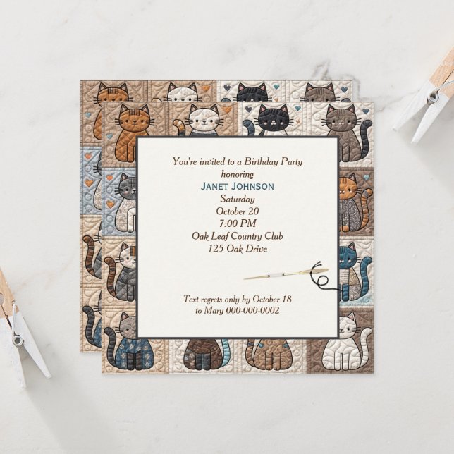 Old-fashioned Patchwork Cat Quilt Invitation (Front/Back In Situ)