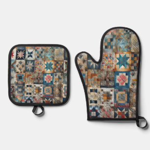 Old-fashioned Patchwork Quilt Design Oven Mitt & Pot Holder Set