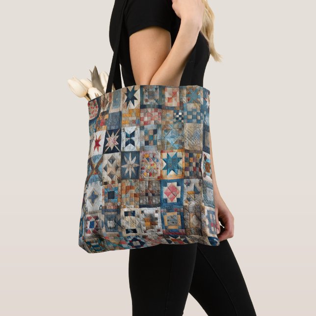 Old-fashioned Patchwork Quilt Design Tote Bag (Close Up)
