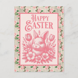 Old Fashioned Pink Easter Bunny  Holiday Postcard