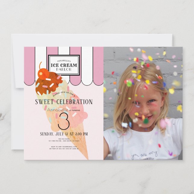 Old Fashioned Pink Ice Cream Parlour Photo Birthda Invitation (Front)