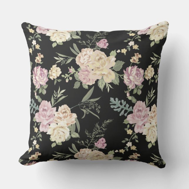 Old Fashioned Pink Roses Chintz Pattern on Black Outdoor Pillow (Front)