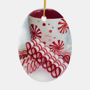 Old Fashioned Red and White Ribbon Candy With Mug Ceramic Ornament