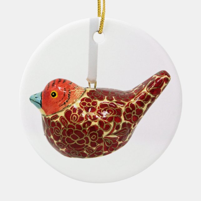 Old-fashioned Red-Gold Flowered Partridge Bauble Ceramic Ornament (Front)