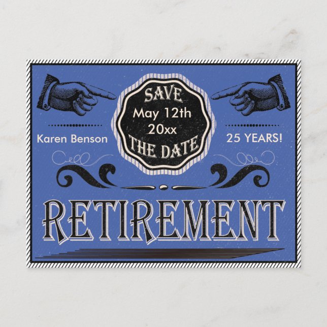 Old Fashioned Retirement Save The Date - Blue Announcement Postcard (Front)