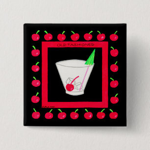 Old Fashioned Retro Drink Red Cherries on Black 2 Inch Square Button