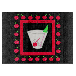Old Fashioned Retro Drink Red Cherries on Black Cutting Board