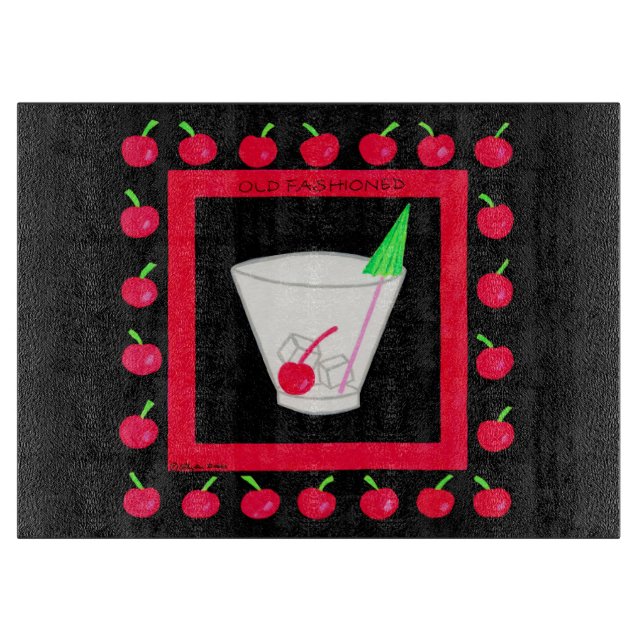 Old Fashioned Retro Drink Red Cherries on Black Cutting Board (Front)