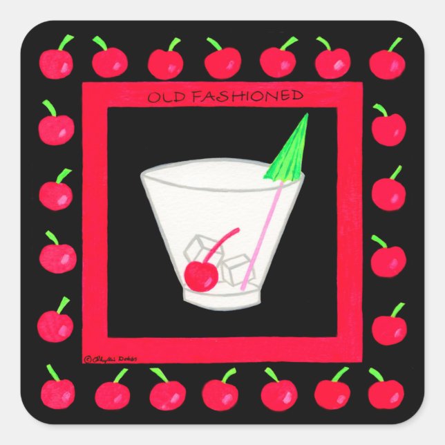 Old Fashioned Retro Drink Red Cherries on Black Square Sticker (Front)