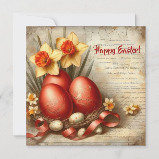 Old fashioned retro red Easter eggs daffodils Holiday Card (Front)