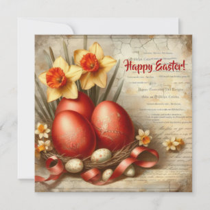 Old fashioned retro red Easter eggs daffodils Holiday Card