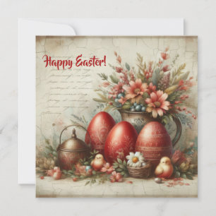 Old fashioned retro red Easter eggs spring flowers Holiday Card