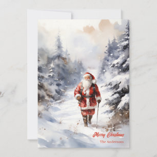 Old fashioned Santa Claus in snowy forest Holiday Card