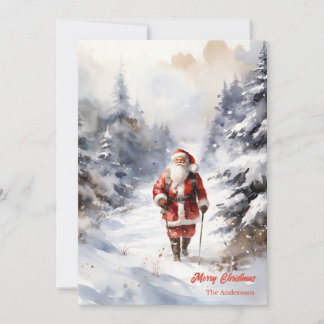 Old fashioned Santa Claus in snowy forest Holiday Card