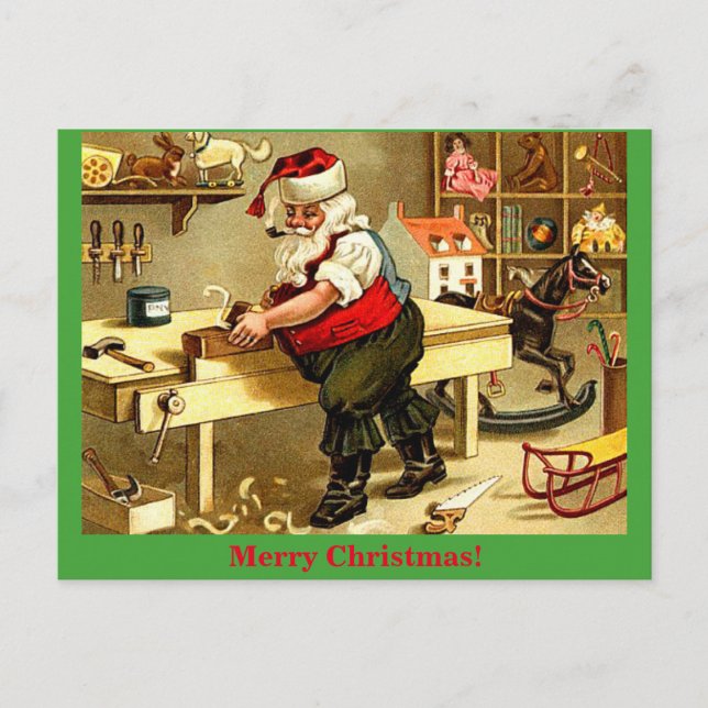 Old Fashioned Santa's Workshop Christmas Postcard (Front)