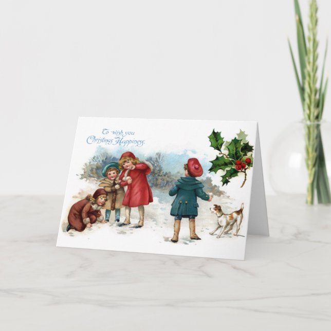 Old Fashioned Snowball Fight on Christmas Holiday Card (Front)