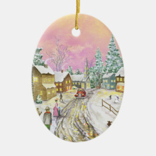 Old Fashioned Snowland Christmas Ceramic Ornament