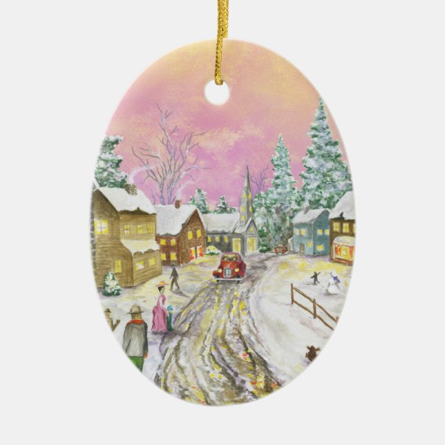Old Fashioned Snowland Christmas Ceramic Ornament (Front)