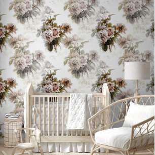 Old fashioned soft rose grey pink bouquet pattern  wallpaper