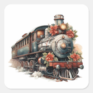 Old-Fashioned Steam Train Retro Christmas Square Sticker